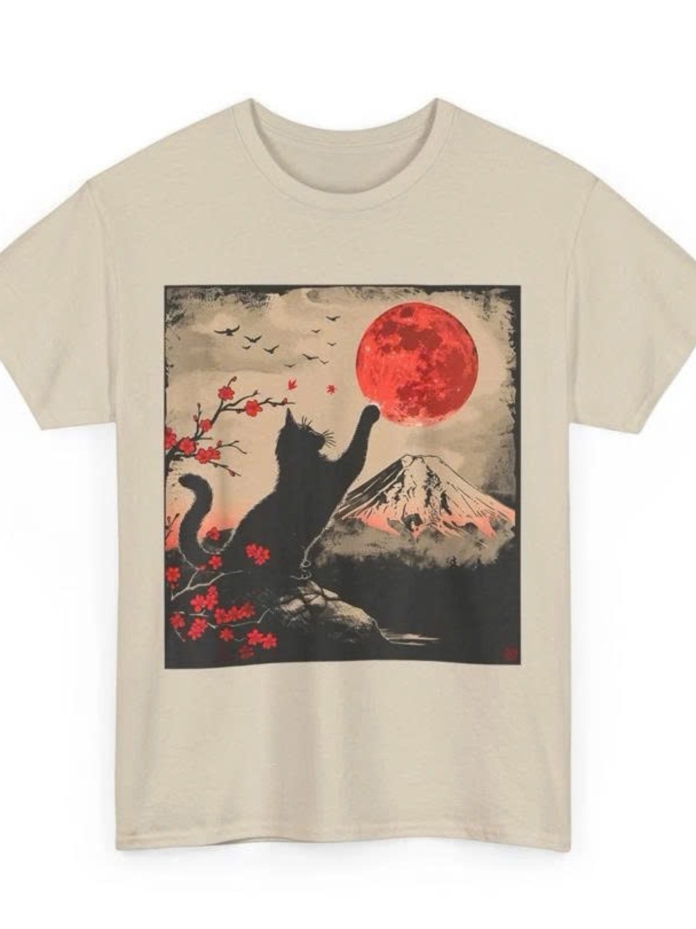Tee with Black Cat & Red Moon Graphic